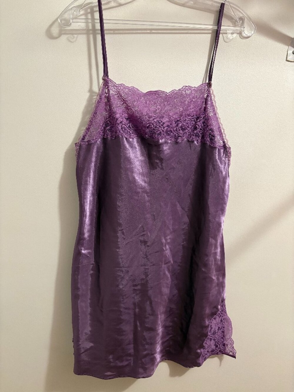 Valerie Stevens Purple Satin Lace Trim Chemise Slip Size S